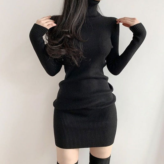 Dress Knitted Korean Style Temperament High Collar Hip Skirt