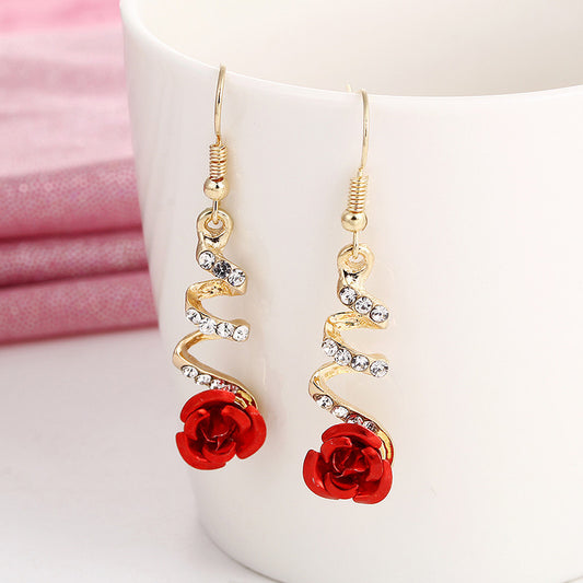 Fashion Jewelry Ethnic Red Rose Drop Earrings Big Rhinestone Earrings Vintage For Women Rose Gold Spiral Dangle Earring