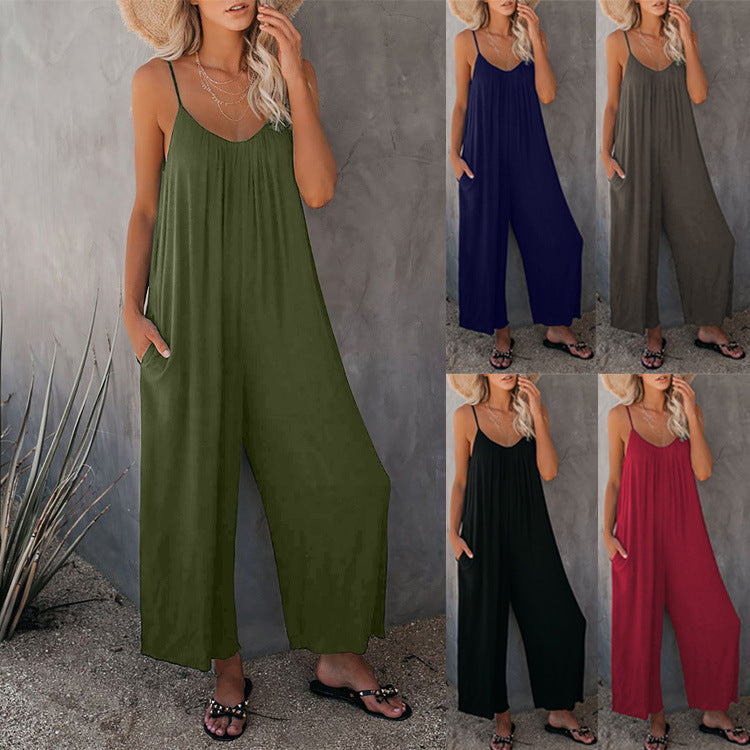 Women's Loose Sleeveless Jumpsuits Romper Jumpsuit With Pockets Long Pant Summer