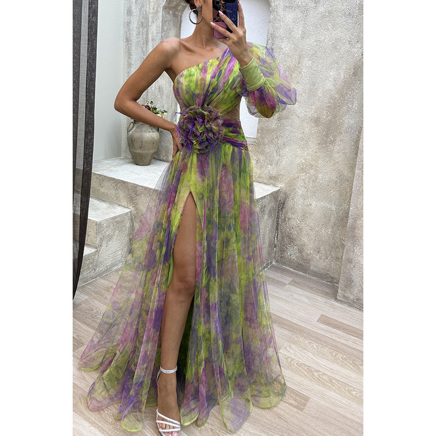 Mesh Tie-dye Printed Off-shoulder Slit Dress Summer INS Fashion Long Dress Party Womens Clothing