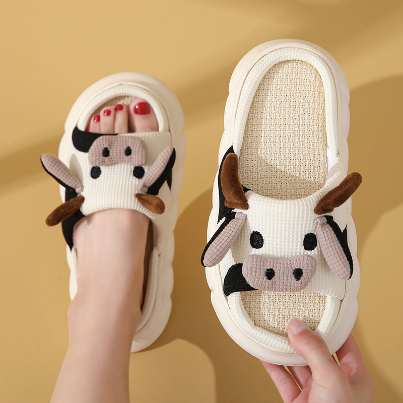 Cute Cartoon Cow Frog Slippers Linen Non-slip Shoes Indoor Garden Home Slippers