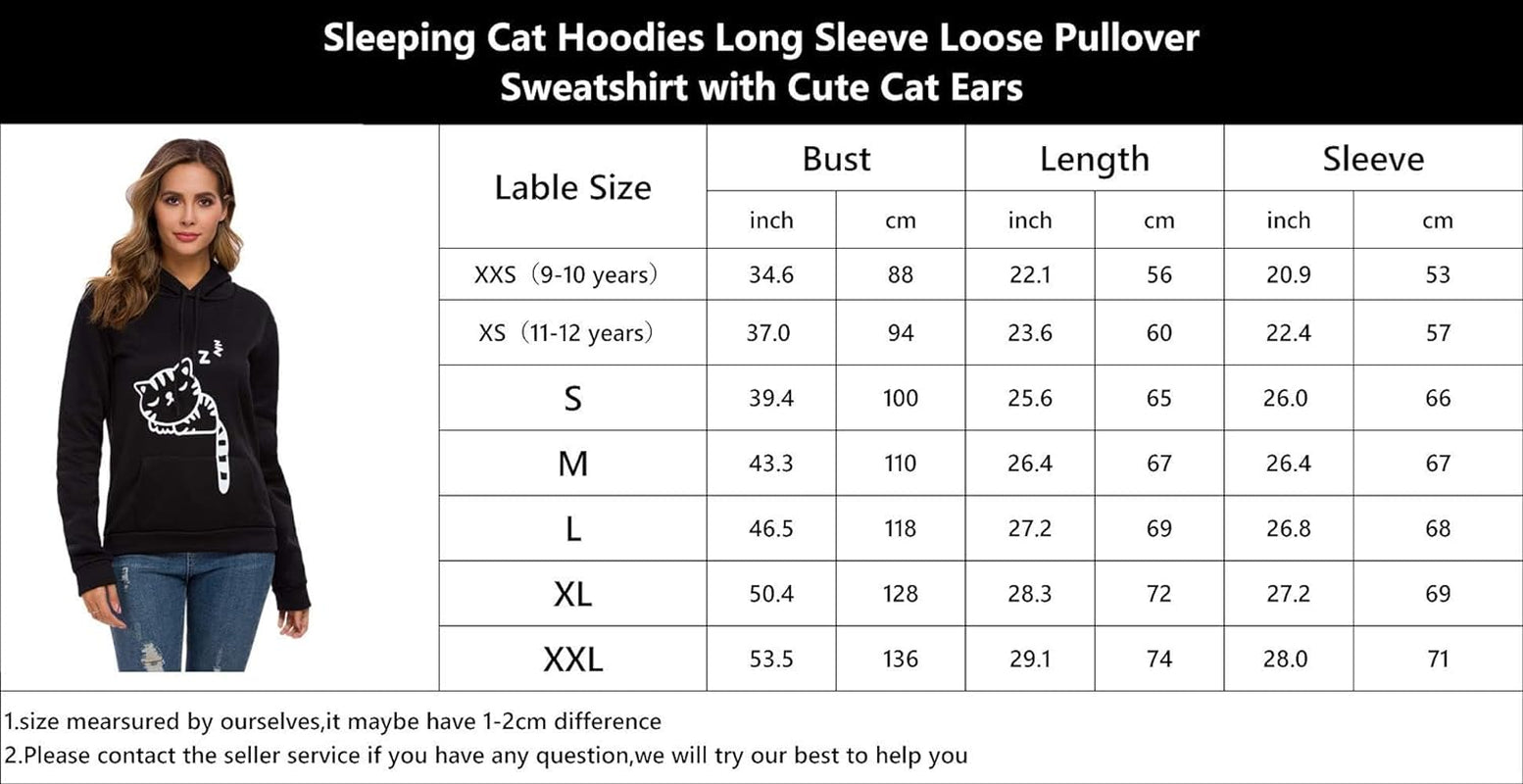 "Cute and Cozy Cat Hoodie Sweatshirt for Women and Teen Girls - Stay Stylish and Comfortable with Adorable Cat Ear Design and Sleeping Cat Print"