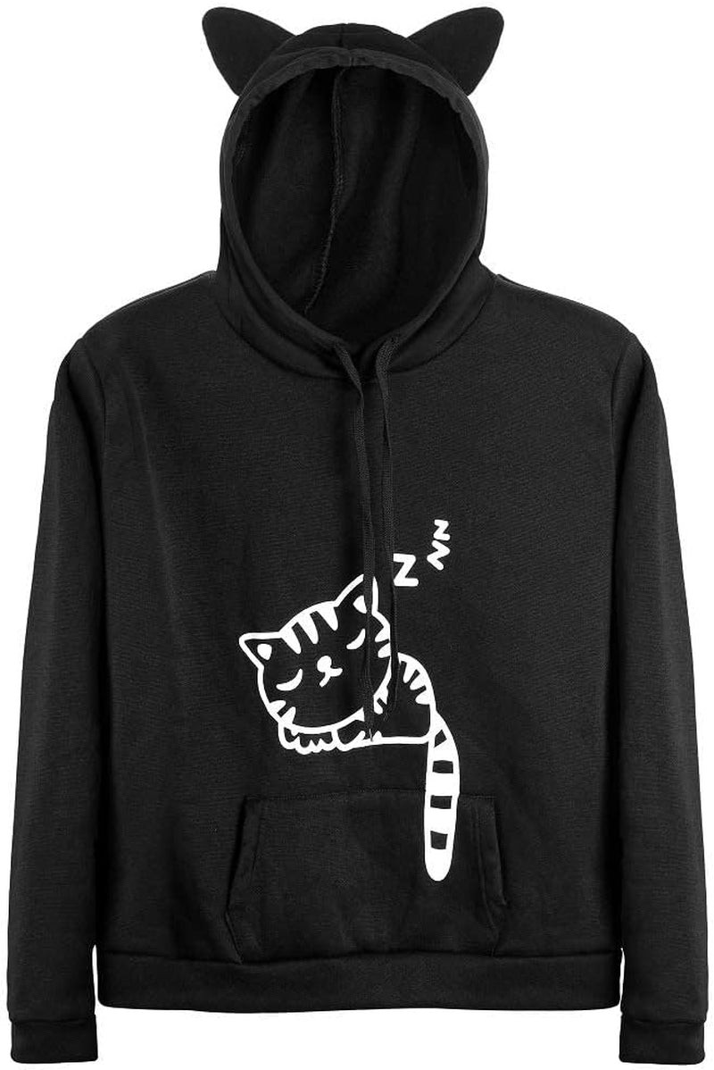 "Cute and Cozy Cat Hoodie Sweatshirt for Women and Teen Girls - Stay Stylish and Comfortable with Adorable Cat Ear Design and Sleeping Cat Print"