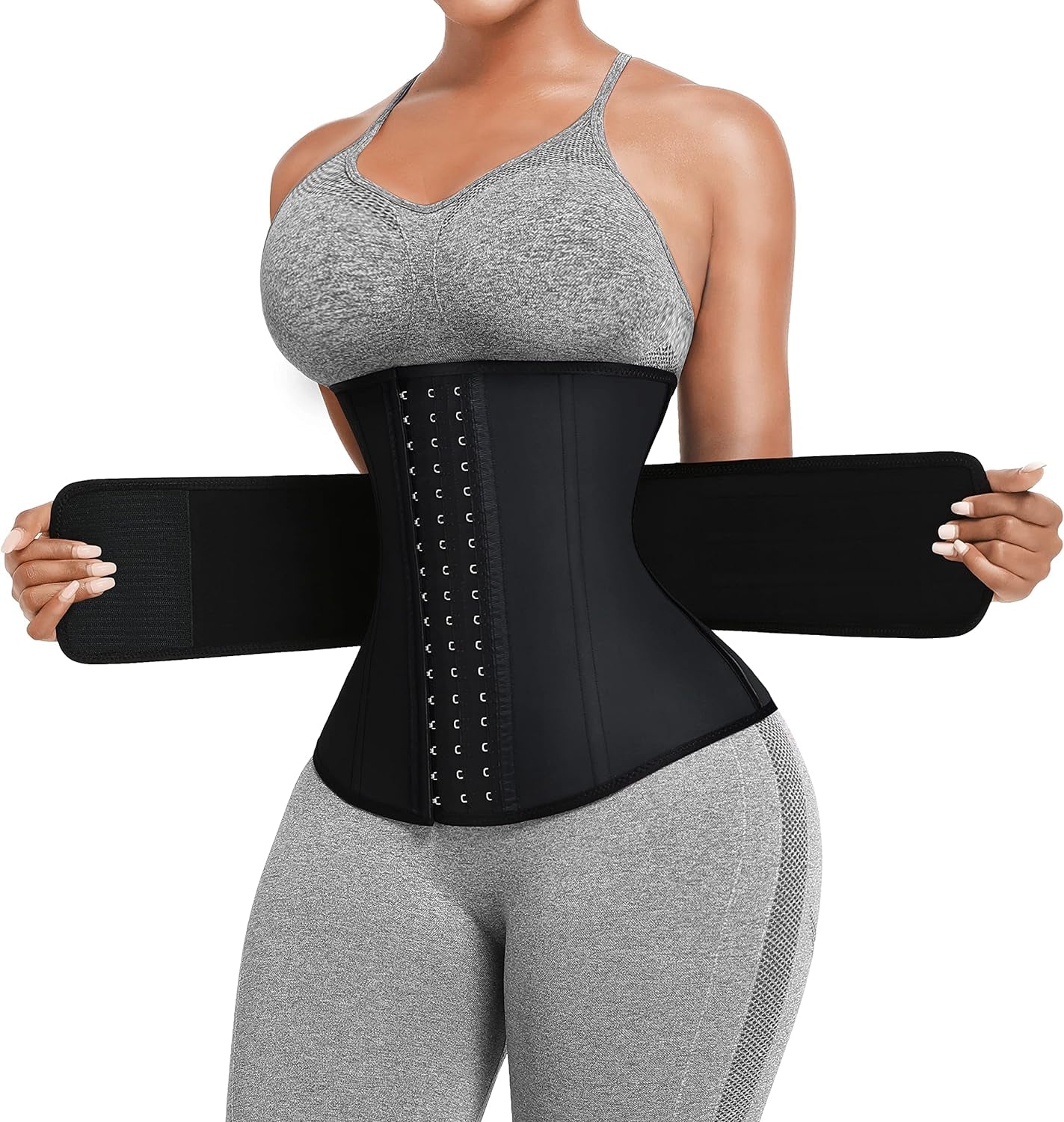 "Ultimate Long Torso Waist Trainer for Curvy Women - Achieve Your Hourglass Figure with Adjustable Belts and Premium Latex/Neoprene Corset Cincher Featuring Zipper/Hooks"