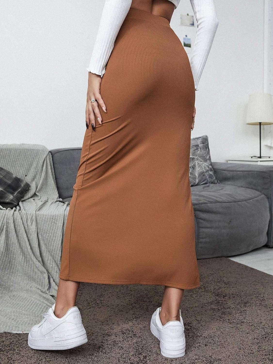 "Flattering and Comfortable Women'S Bodycon Maxi Skirt with Split Thigh and Elastic Waistband"