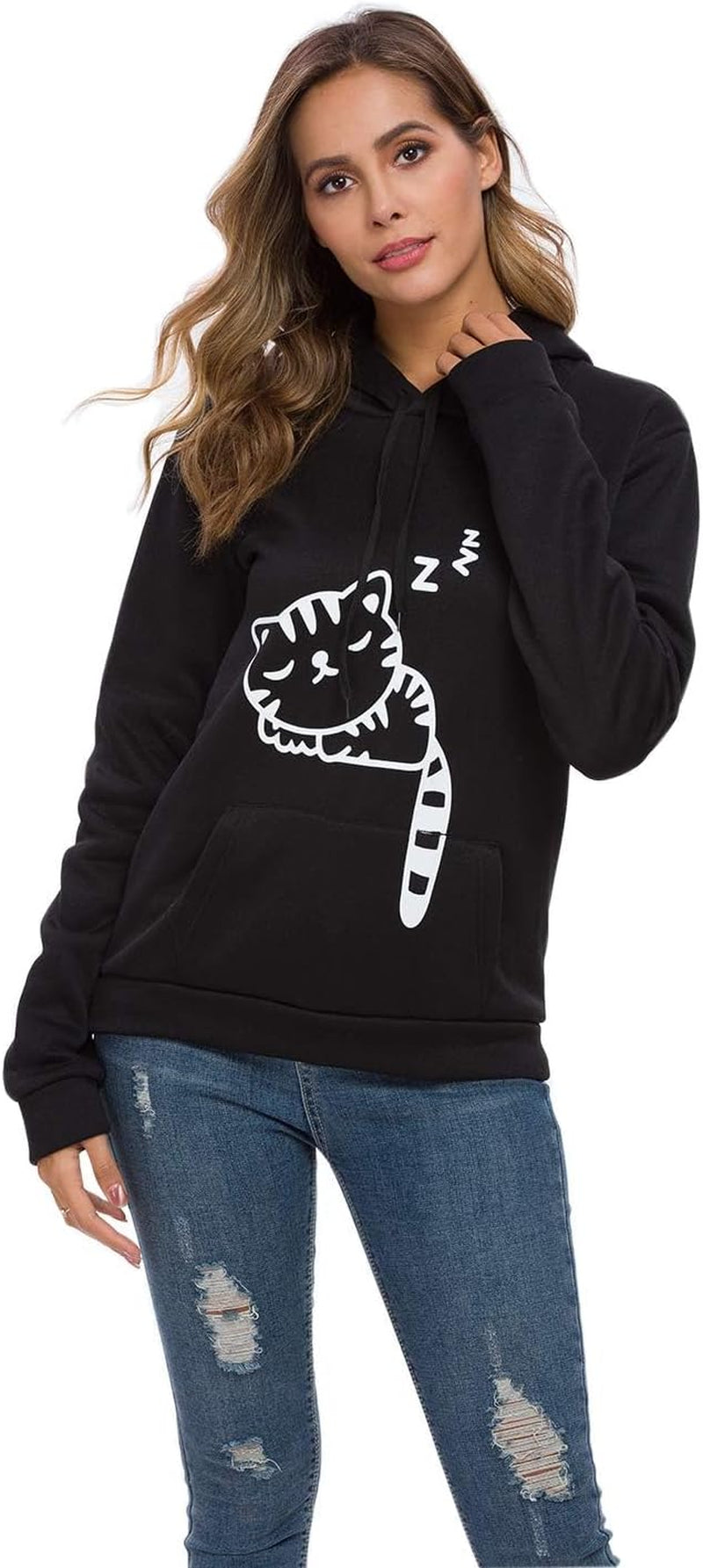 "Cute and Cozy Cat Hoodie Sweatshirt for Women and Teen Girls - Stay Stylish and Comfortable with Adorable Cat Ear Design and Sleeping Cat Print"